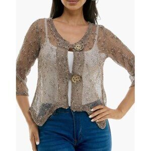Nina Leonard Metallic Mesh Cardigan